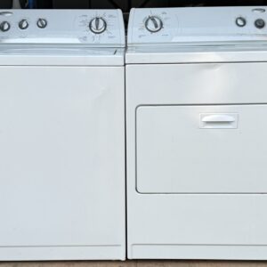 Whirlpool white top-load washer and electric dryer set, front view