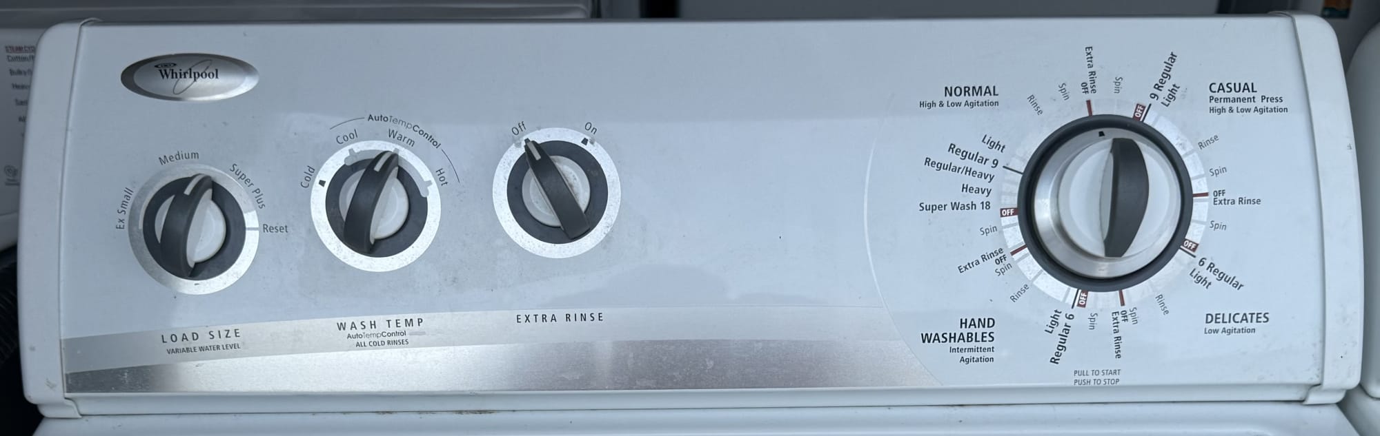 Whirlpool washer control panel — wash cycles, temperature, load size