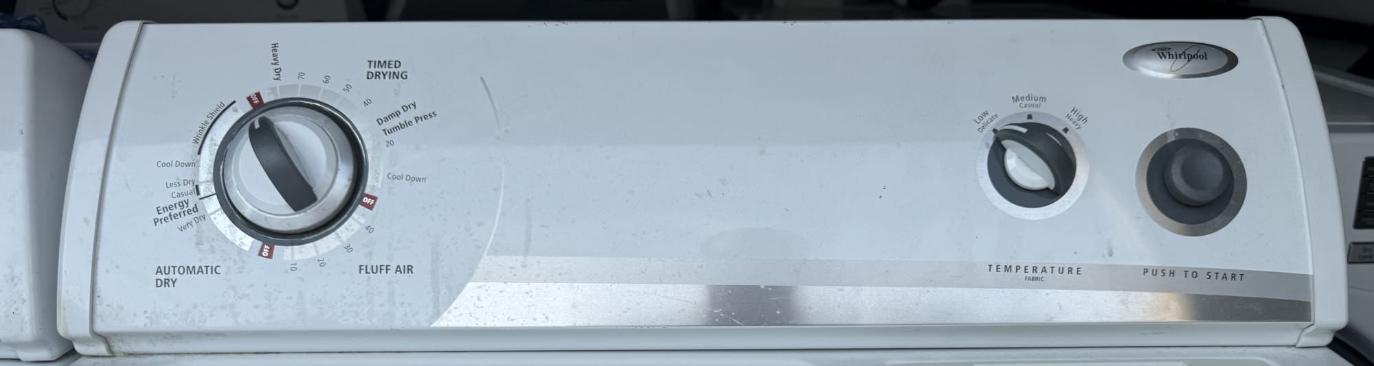 Whirlpool electric dryer control panel — automatic and timed drying