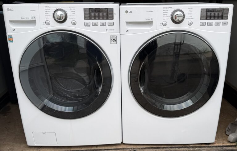 LG front-load washer and electric dryer set white — front view
