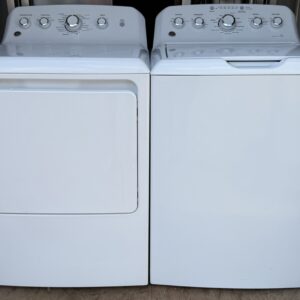 GE washer and dryer set white — front view