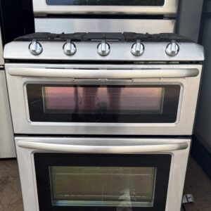 KitchenAid 30 inch stainless gas double-oven range — front view