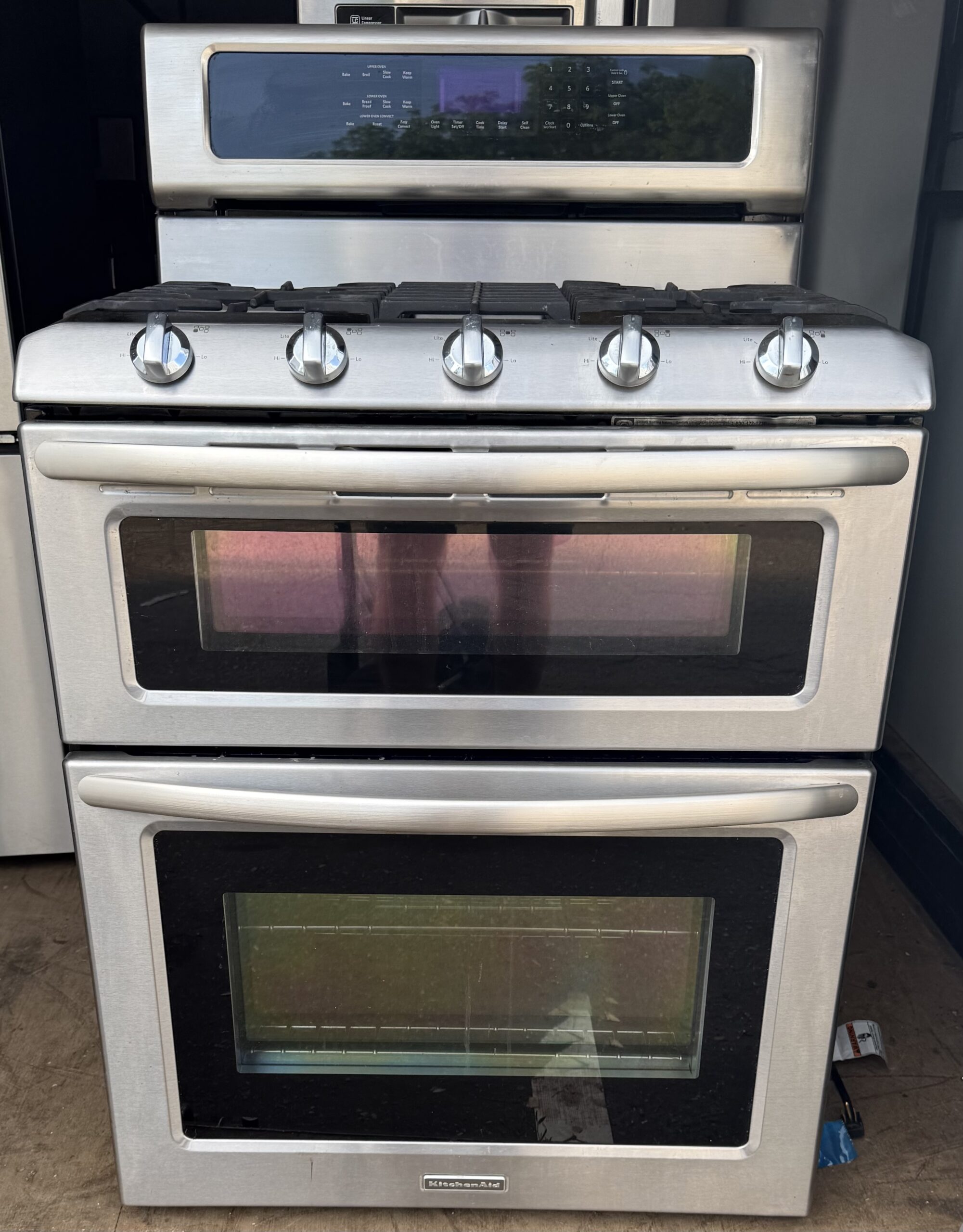 KitchenAid 30 inch stainless gas double-oven range — front view
