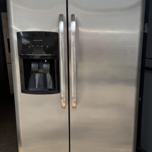 Frigidaire side-by-side refrigerator stainless steel with ice and water dispenser — front view