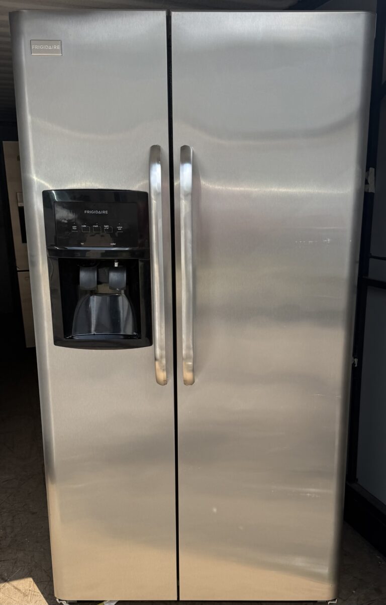 Frigidaire side-by-side refrigerator stainless steel with ice and water dispenser — front view