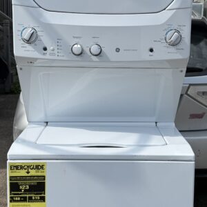 GE white washer and electric dryer laundry center — front view