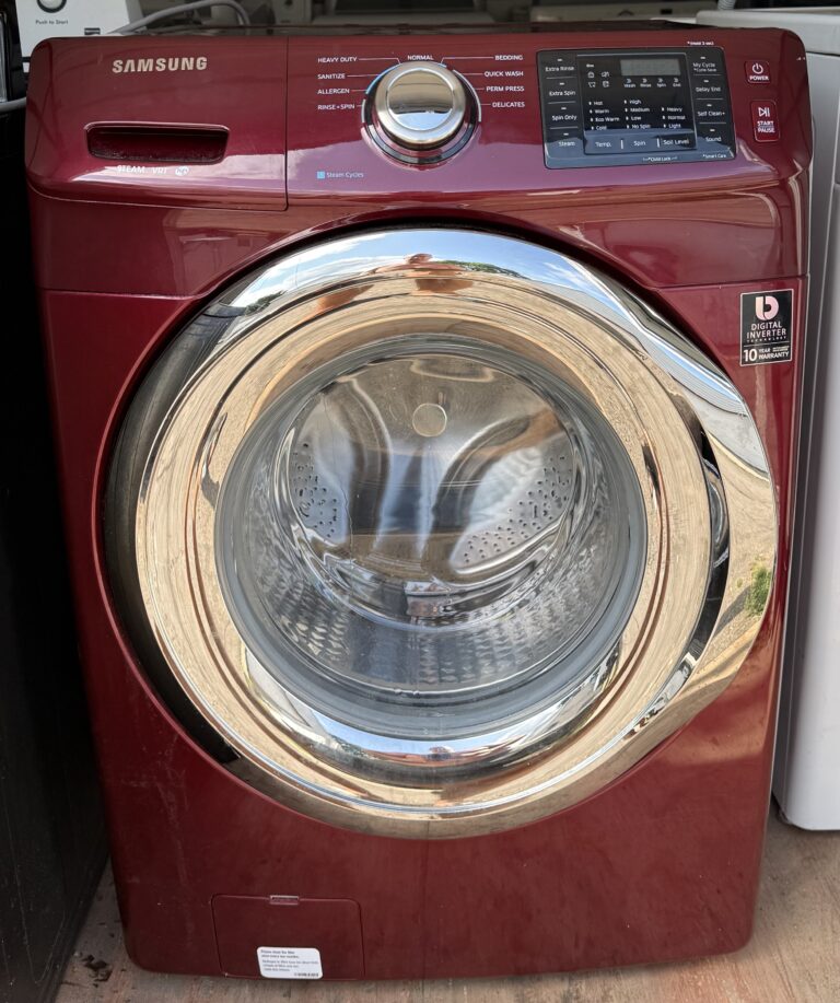 Samsung merlot red front-load washer with steam — front view