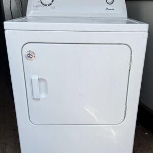 Amana 6.5 cu ft electric dryer in white, front view, door closed