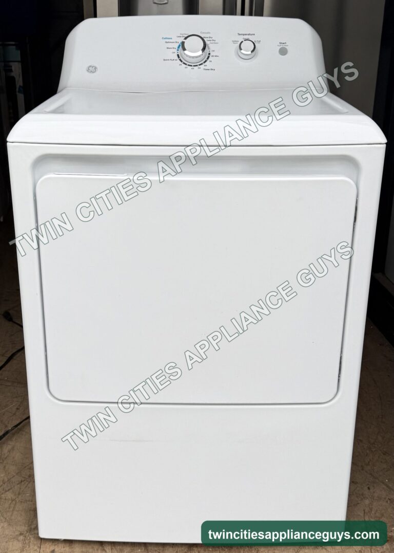 GE white gas dryer front view with the door closed