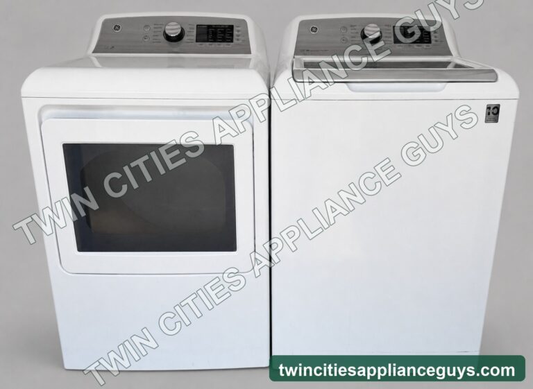 GE top-load washer and electric dryer set in white, front view