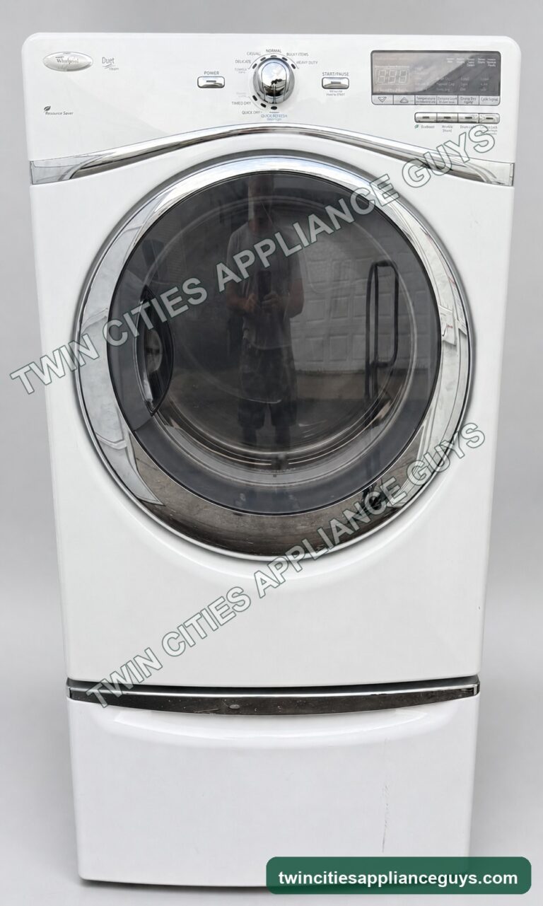 Whirlpool Duet Steam white electric dryer with pedestal on a clean light-gray studio background