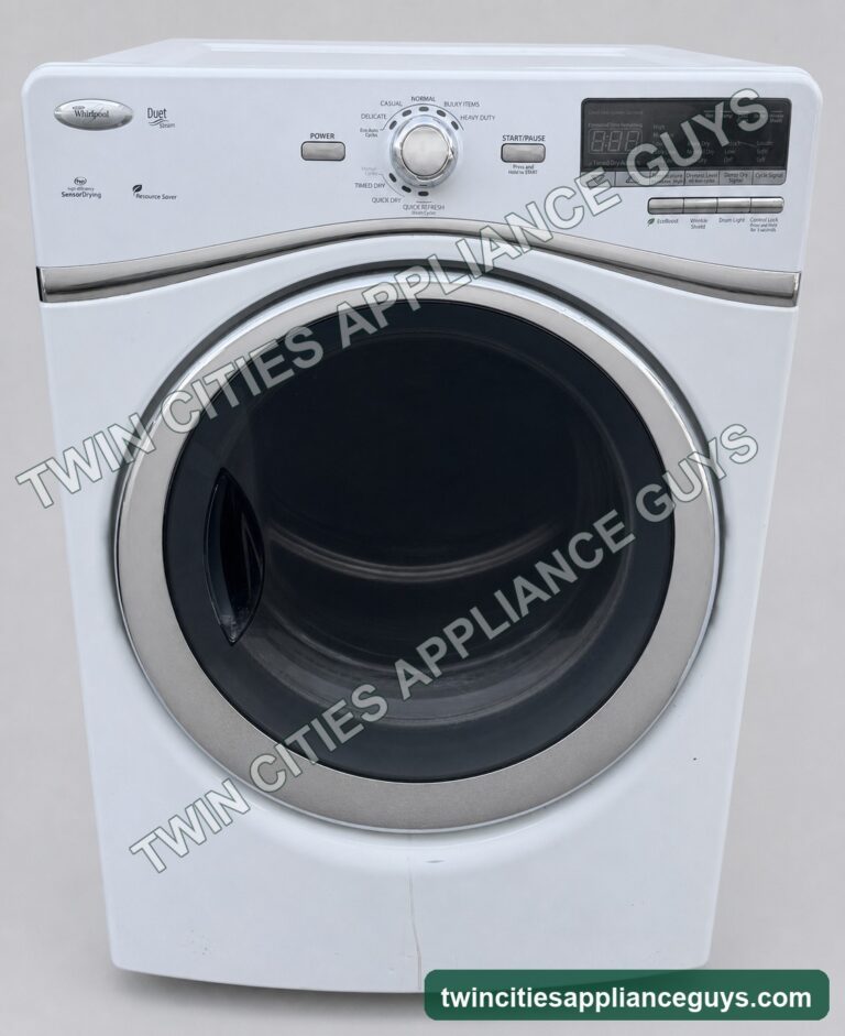 Whirlpool Duet white electric dryer on a clean light-gray studio background
