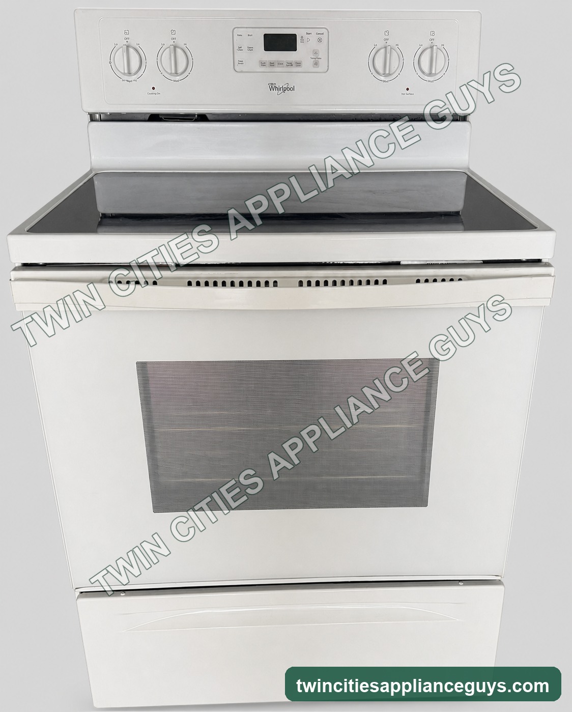 Whirlpool electric range in white with ceramic glass cooktop and oven door