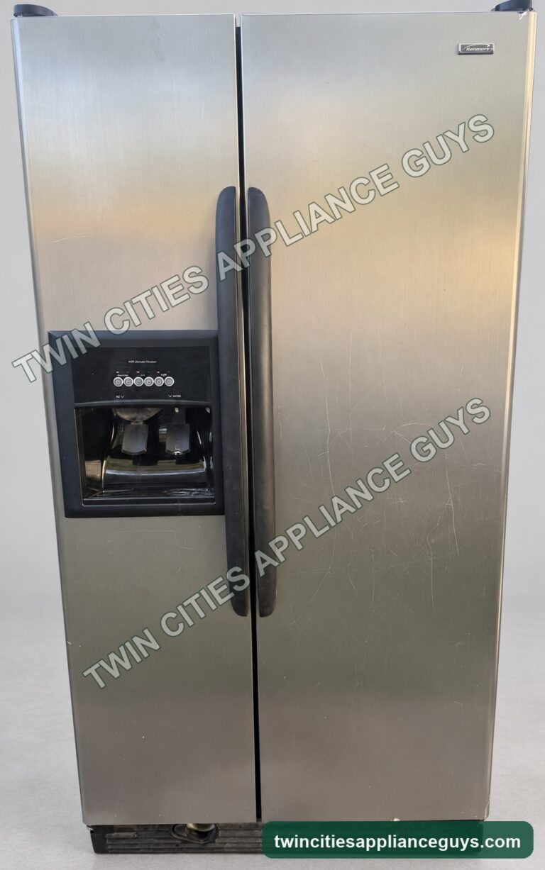 Kenmore side-by-side refrigerator shown closed with exterior ice and water dispenser