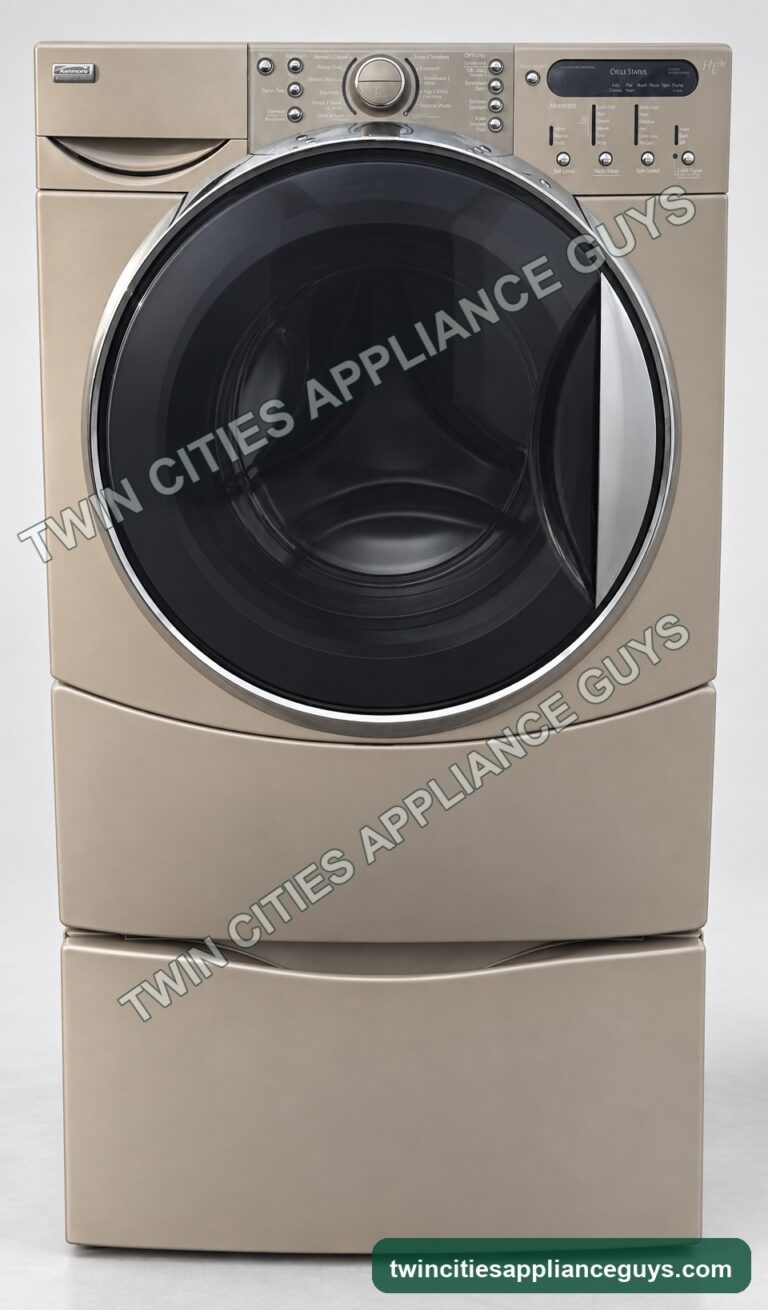 Front view of Kenmore Elite washer with storage pedestal