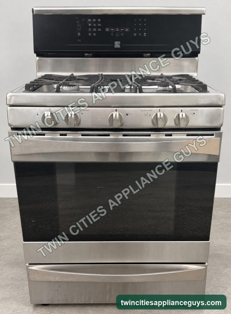 Front view of Kenmore Elite stainless steel five-burner gas range
