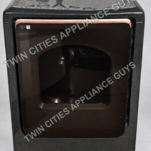 Samsung brushed black electric dryer shown from the front with door closed
