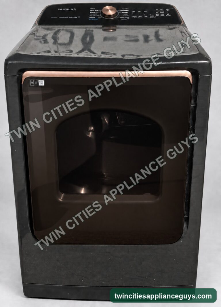 Samsung brushed black electric dryer shown from the front with door closed