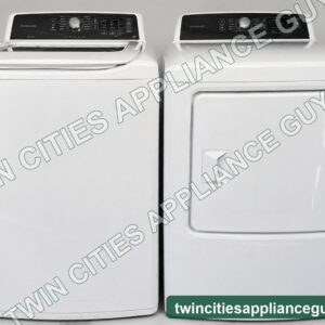 Frigidaire white top-load washer and electric dryer front view