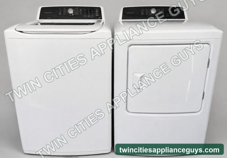 Frigidaire white top-load washer and electric dryer front view