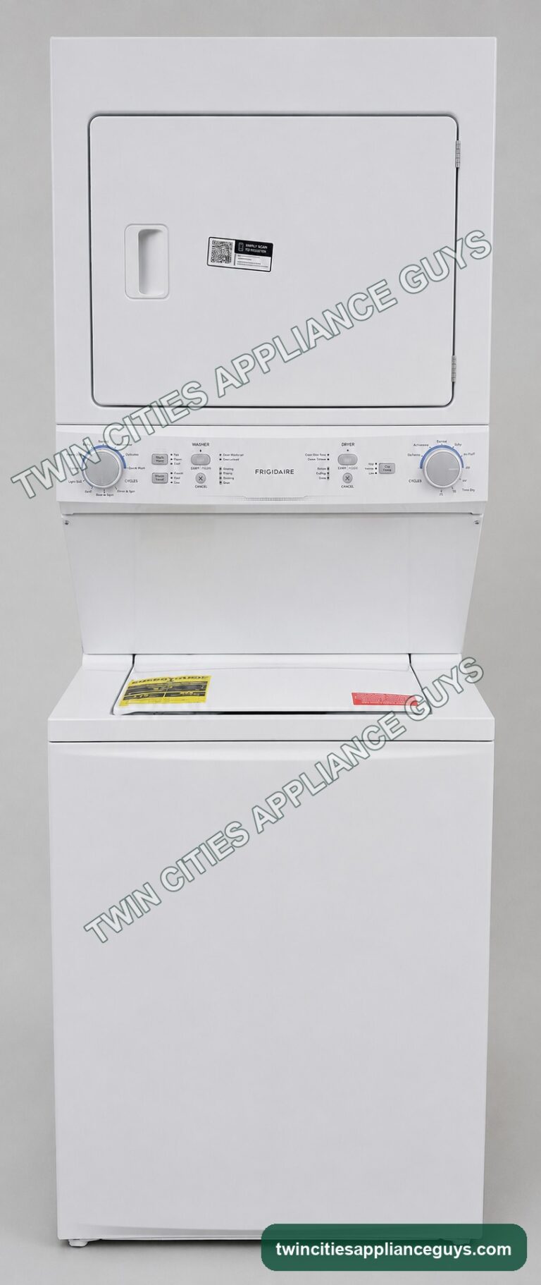 White Frigidaire electric laundry center closed front view