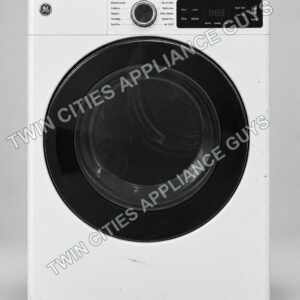White GE smart electric dryer, front product view