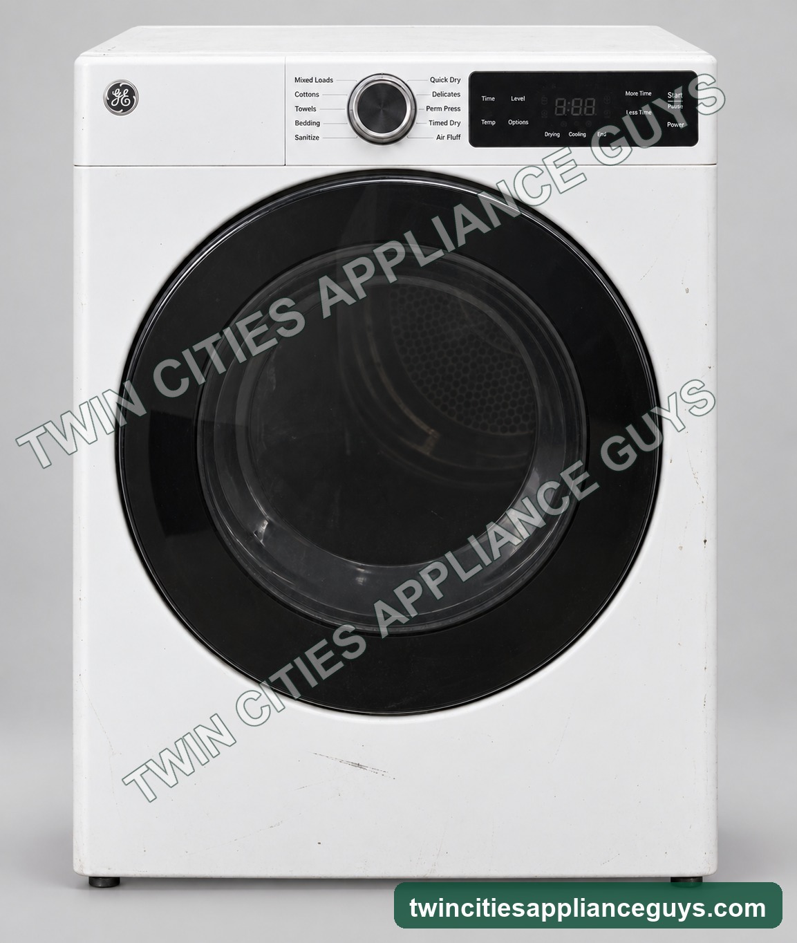 White GE smart electric dryer, front product view