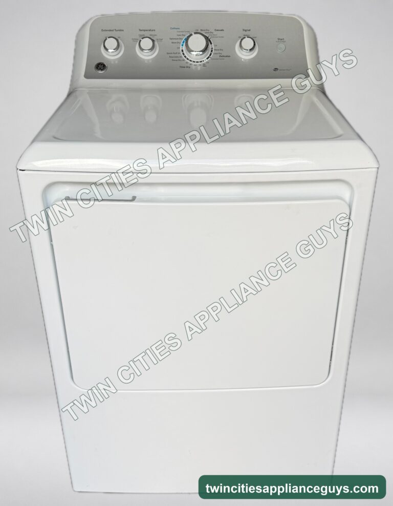 GE white electric dryer, front view with the door closed