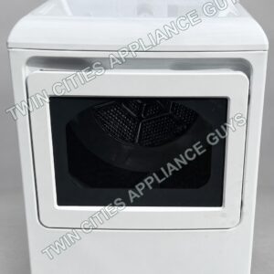 GE white electric dryer shown from the front with door closed