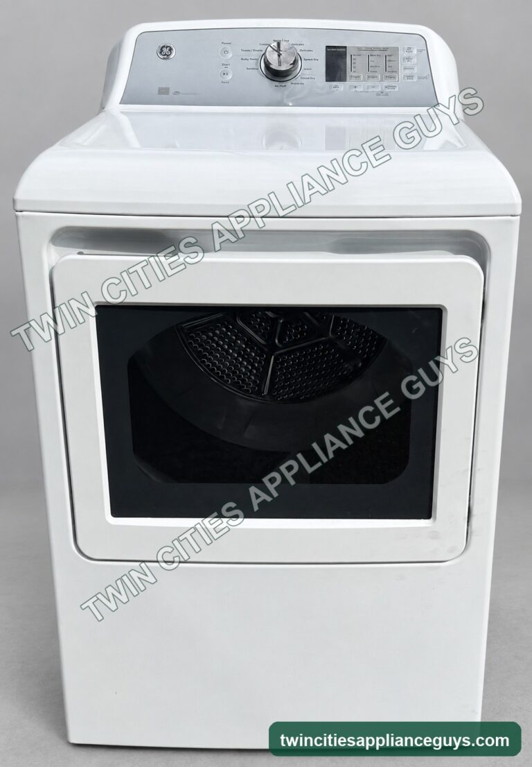 GE white electric dryer shown from the front with door closed