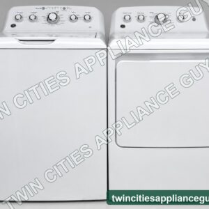 GE top-load washer and electric dryer set front view