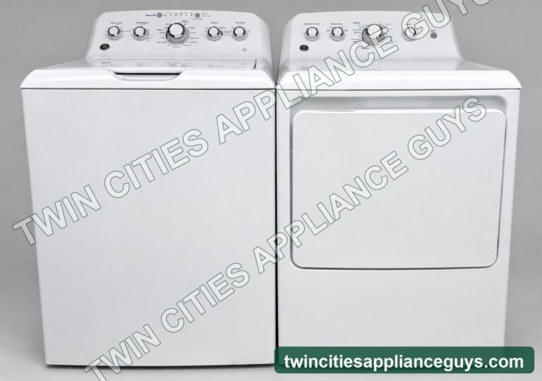 GE top-load washer and electric dryer set front view