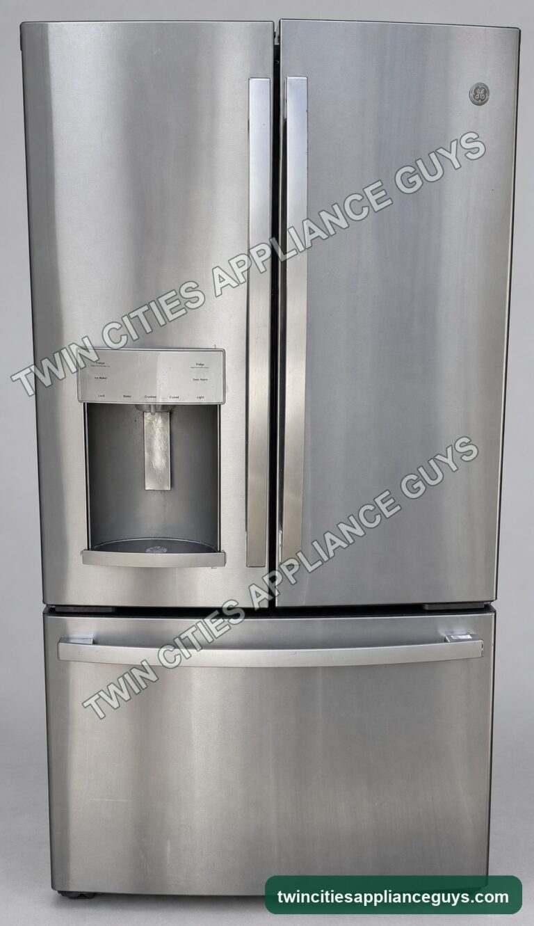 Front view of GE French-door refrigerator with external dispenser