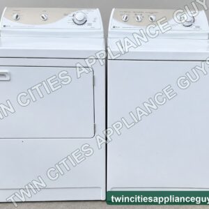 Maytag white top-load washer and electric dryer set shown from front