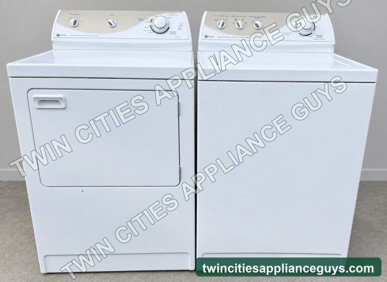 Maytag white top-load washer and electric dryer set shown from front