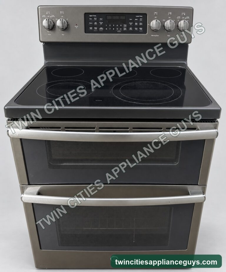 Front view of GE double-oven electric range