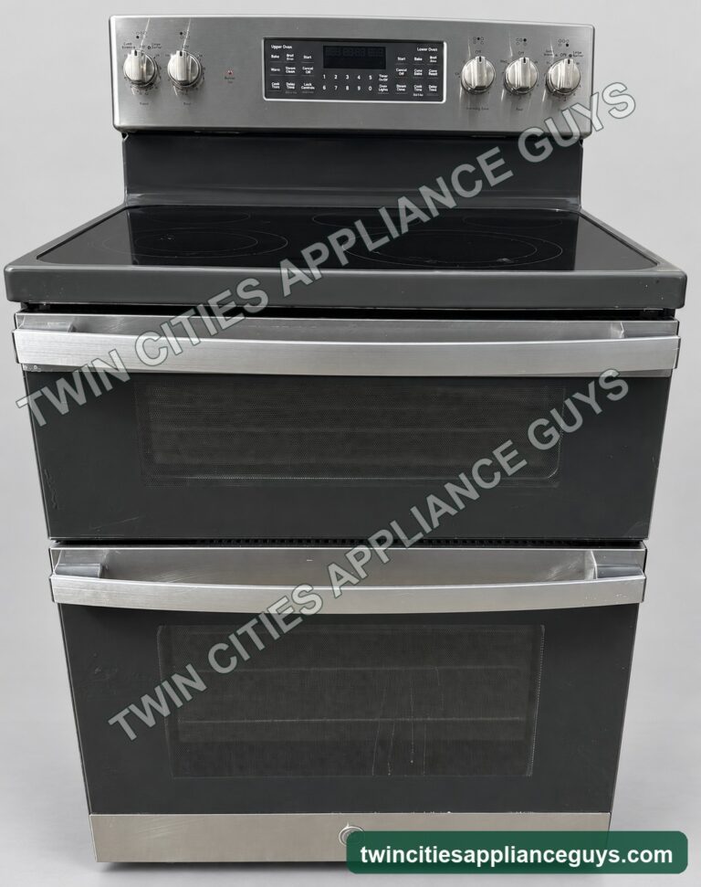 Front view of GE double-oven electric range