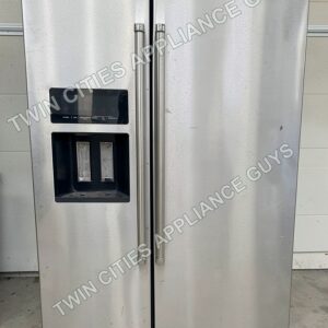 KitchenAid stainless side-by-side refrigerator front view with ice and water dispenser