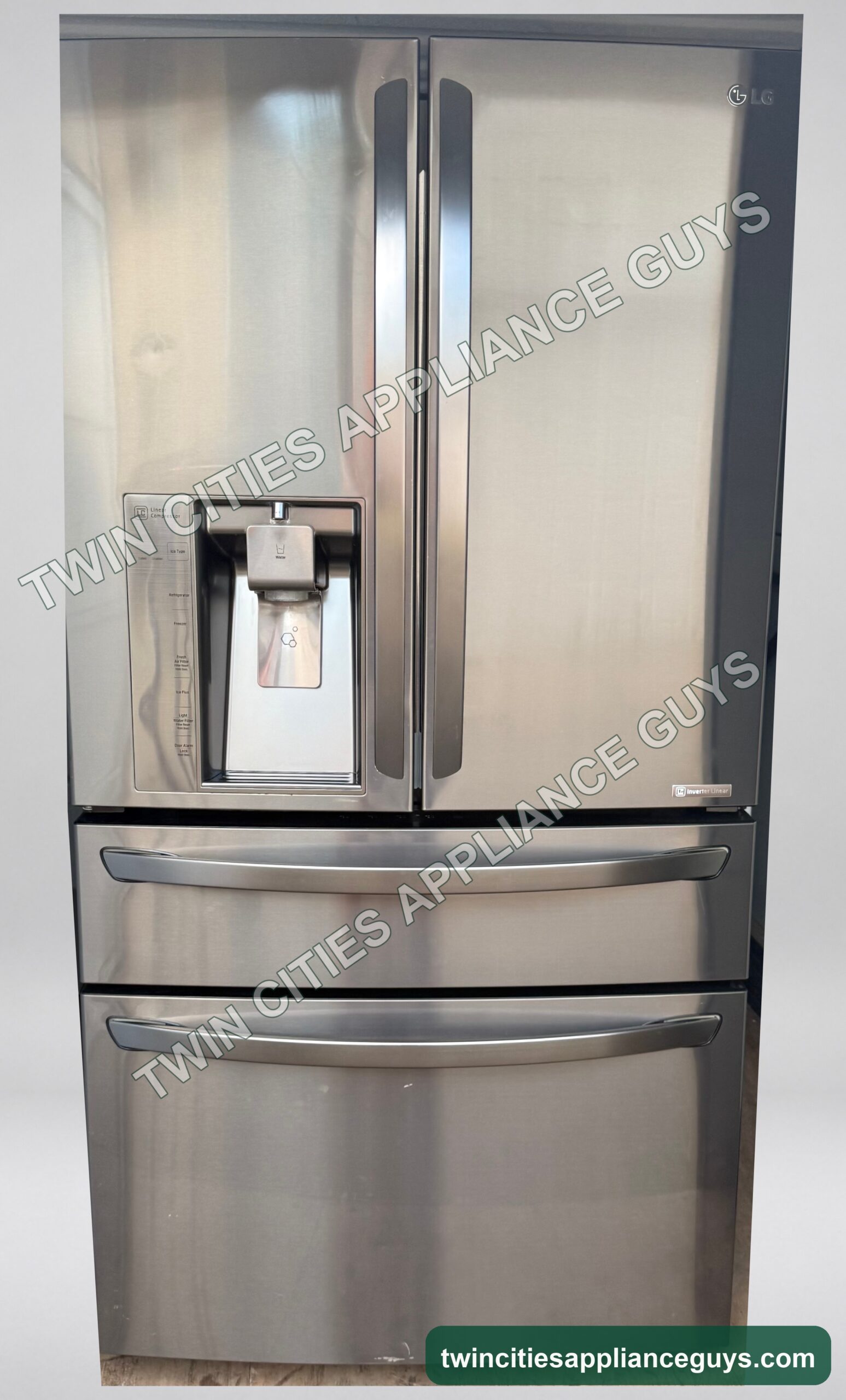 LG black stainless four-door French door refrigerator with water dispenser