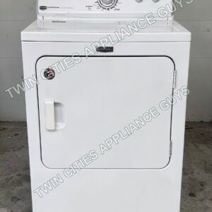 Maytag white electric dryer front view with side-swing door closed