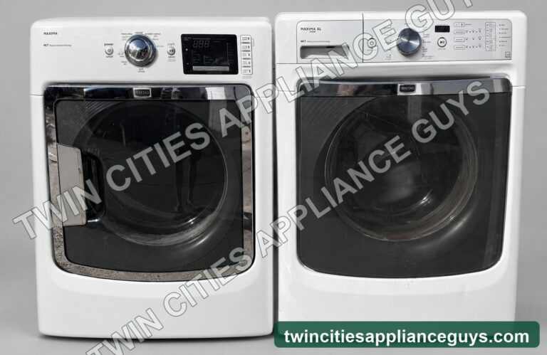 Maytag front-load washer and electric dryer set, front view