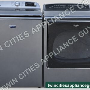 Metallic slate Maytag top-load washer and Whirlpool electric dryer set, front view