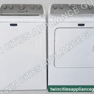 Maytag white top-load washer and electric dryer front view