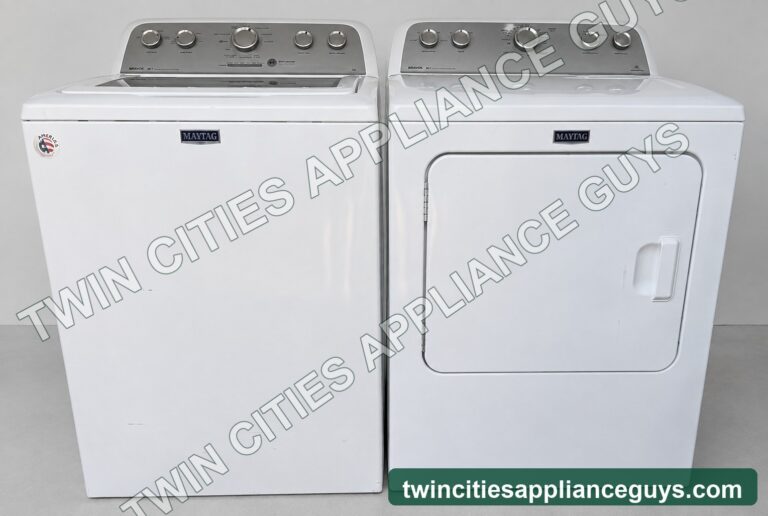 Maytag white top-load washer and electric dryer front view