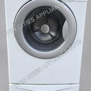 White Amana front-load washer with storage pedestal