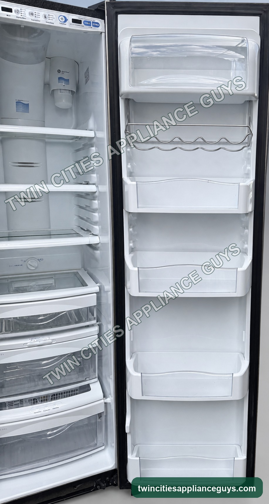 Interior view of GE Profile side-by-side refrigerator