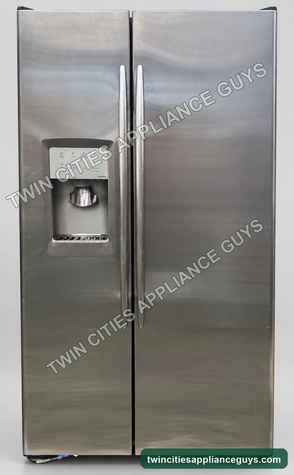 Front view of GE Profile stainless steel side-by-side refrigerator
