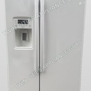 Front view of the white GE Profile side-by-side refrigerator