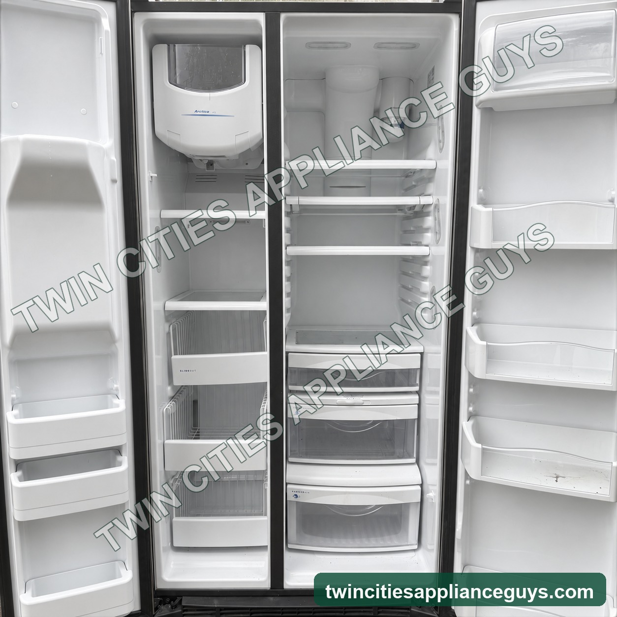 Interior view of the GE Profile side-by-side refrigerator