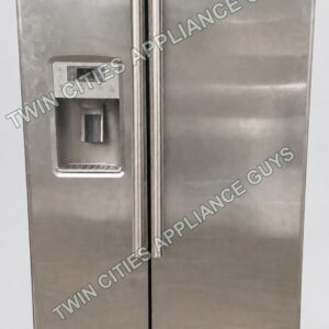 Front view of the GE Profile stainless side-by-side refrigerator